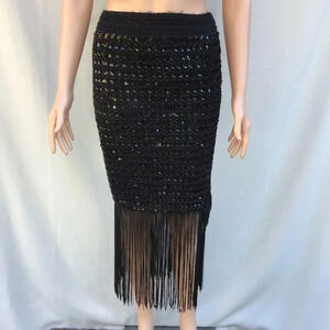 VTG Free Follies Paris Black Sequin Pencil Skirt Fringe XSmall Whimsigoth Y2K